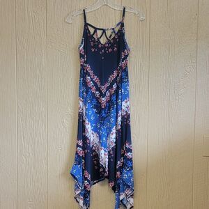 Maurices High Low Midi Dress sz XS Spaghetti Straps Crisscross Back Floral Navy